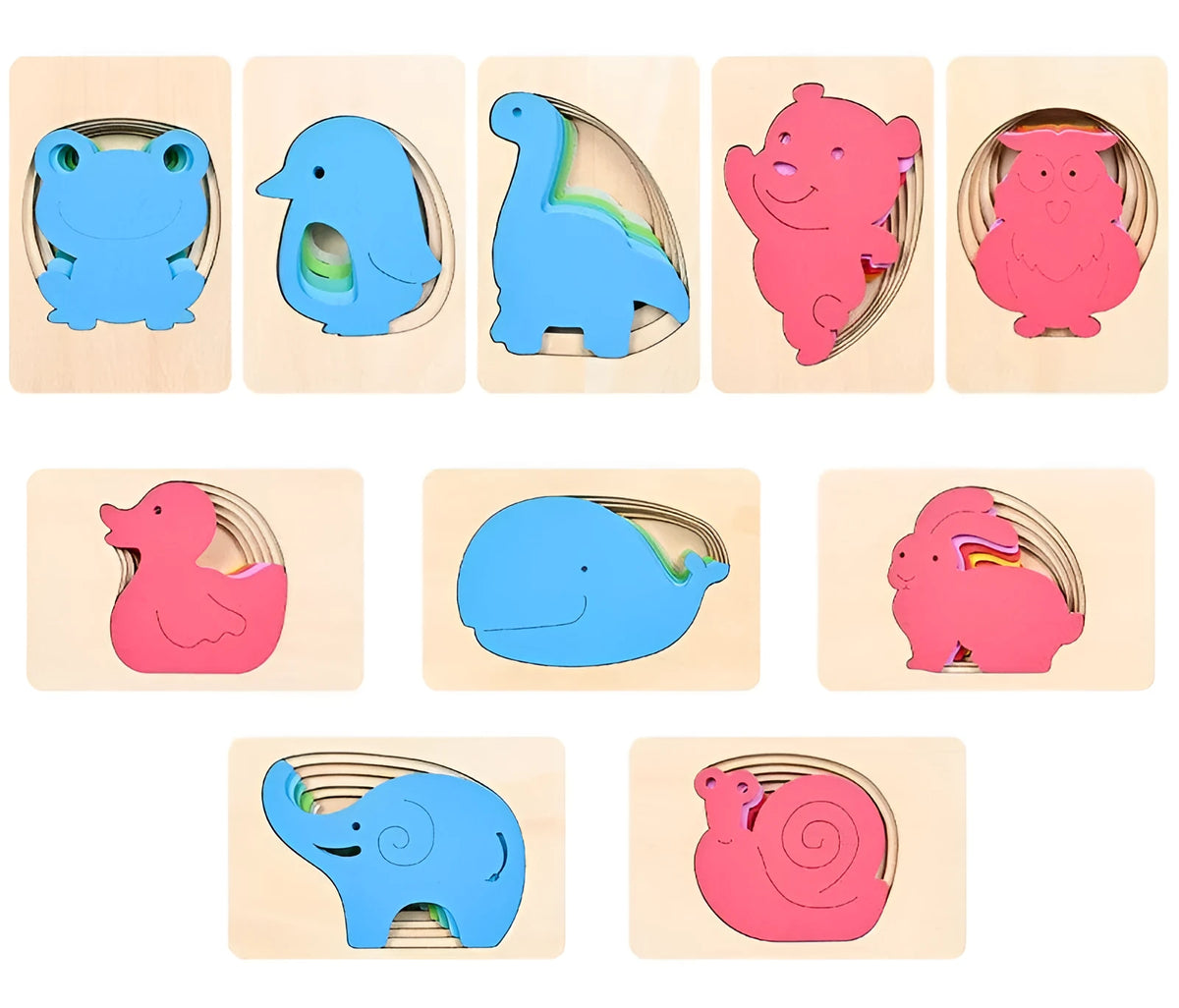 Children's wooden 3D animal puzzle model, multi-layer gradient design, 14.7 x 9.7 x 1.6 cm, ten animal styles