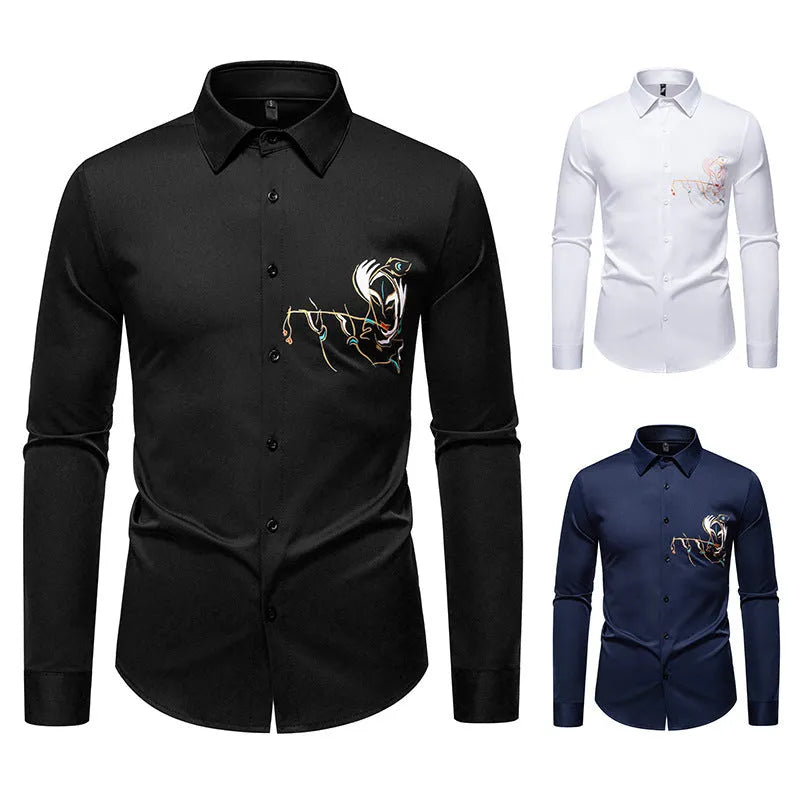 New Men's Long-sleeved Printed Casual Shirt in Polyester with Wool Lining and Slim Fit - Available in White, Black, Navy Blue - S to 2XL for Youth Adults Leisure Wear