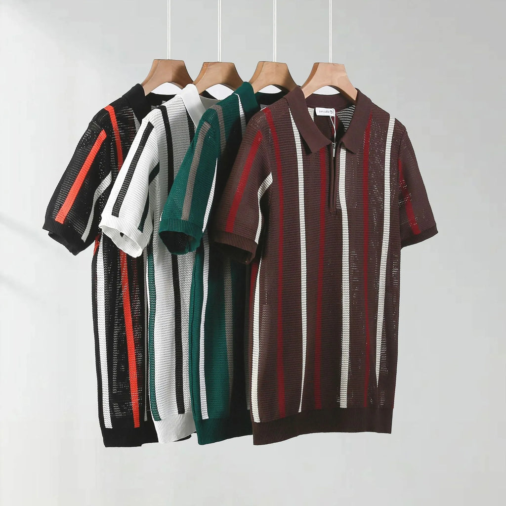 Men's short-sleeved polo shirt in hollow mesh knit with decorative zip details and loose fit for summer