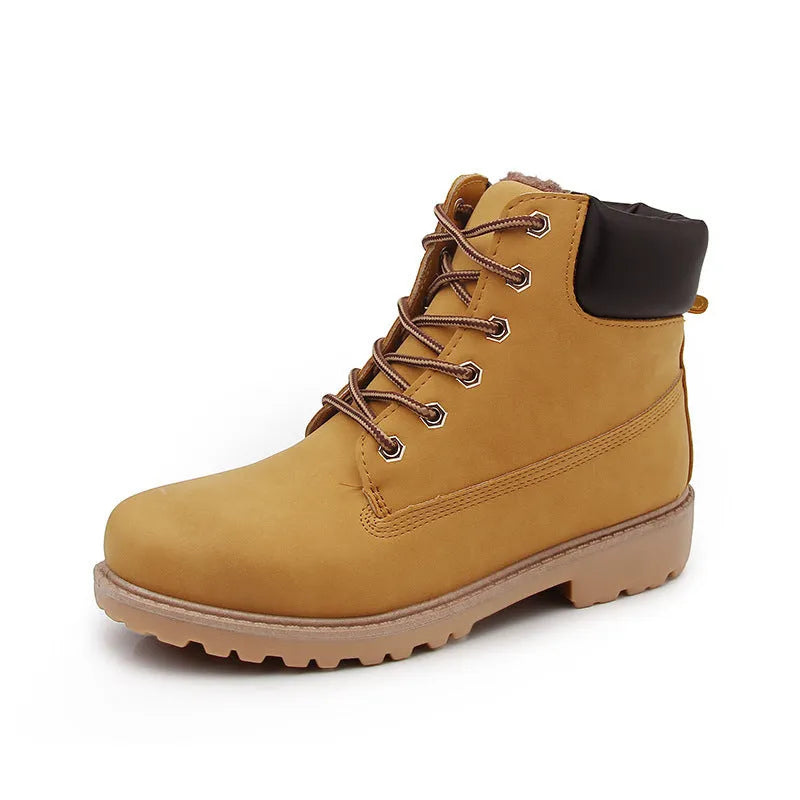 Pink men's high-top Martin boots with front laces and a round toe, showing the velvet lining.