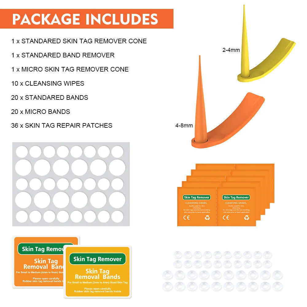 Orange-yellow mole remover kit with two devices, rubber rings, alcohol swabs, and manual.