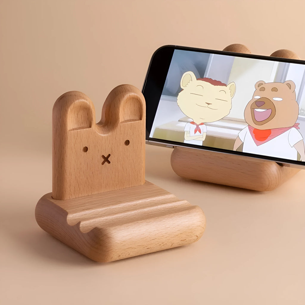 Creative Bunny Tatami Wooden Mobile Phone Stand with bunny design on a wooden desk