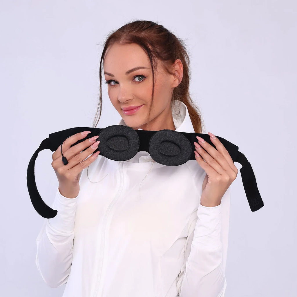 Grey polyester Bluetooth sleeping eye mask with long eyelashes design and no pressure fit.