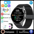 Black Bluetooth smartwatch with touch screen displaying health metrics, available with silicone or Milan net strap options