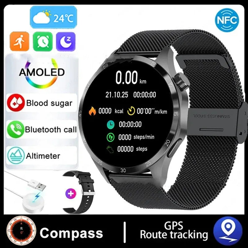 Black Bluetooth smartwatch with touch screen displaying health metrics, available with silicone or Milan net strap options