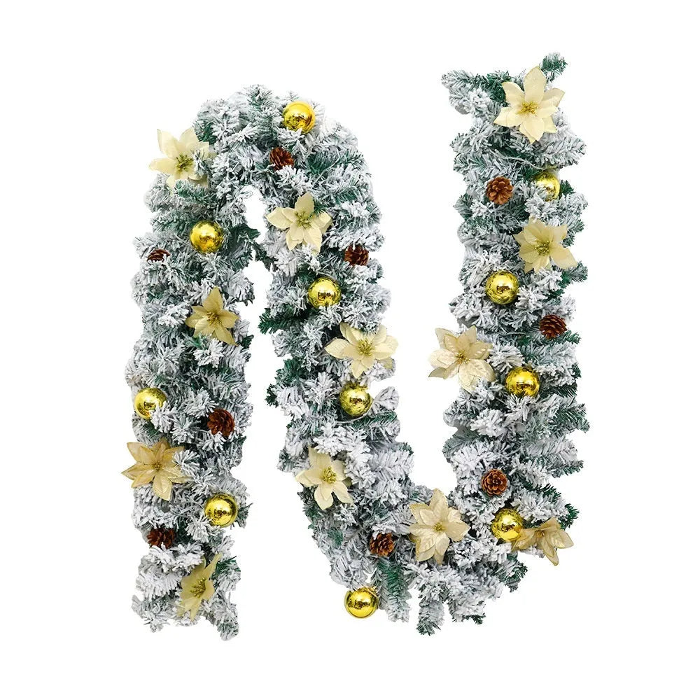 American-style red flocked PVC rattan Christmas garland decoration draped over a mantelpiece.