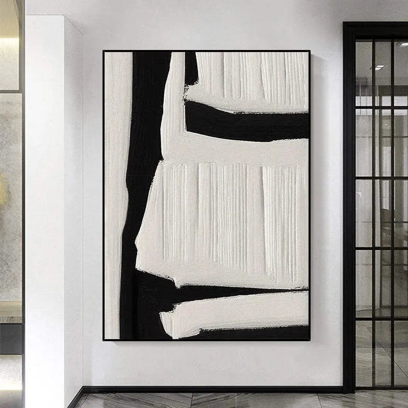 Large abstract handmade oil painting on canvas, black white beige textured wall art, vertical orientation, unframed