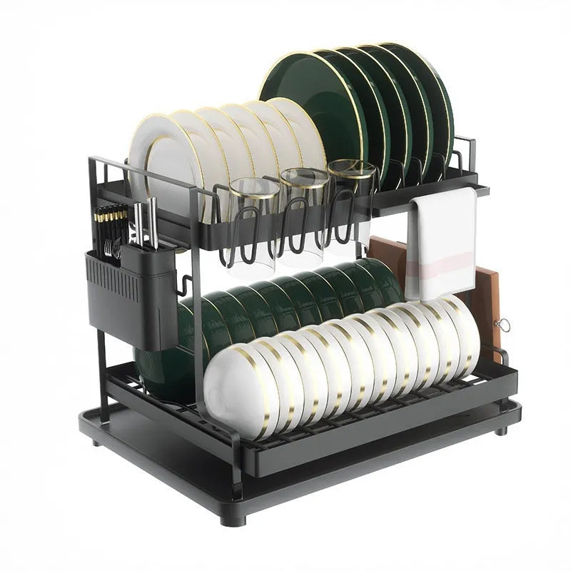 White double layer kitchen storage rack with removable draining section on countertop