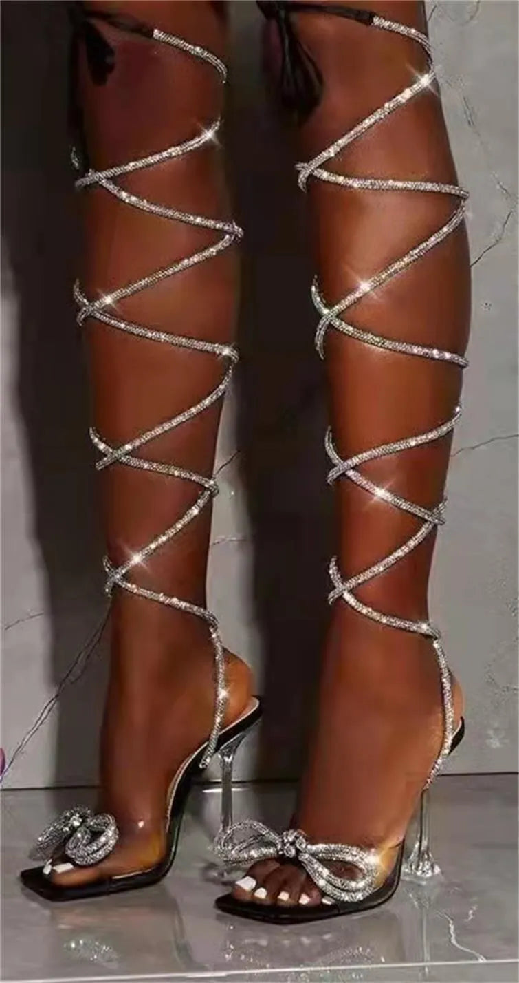Plus size women's strappy sandals with rhinestone ankle straps and square toe