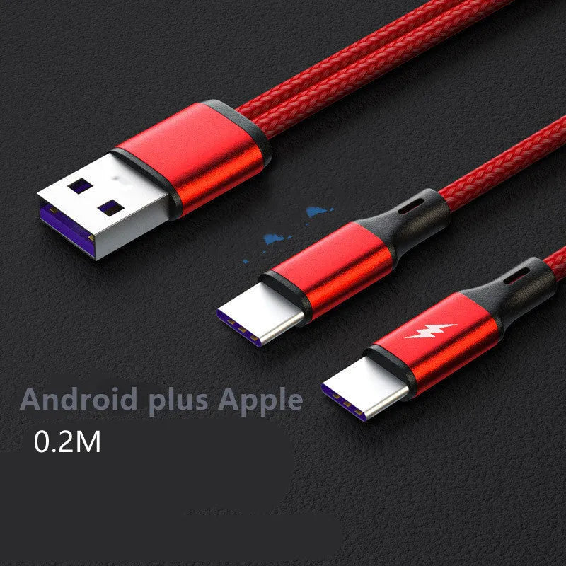 Black braided two-in-one USB charging cable with two Android connectors on a table.