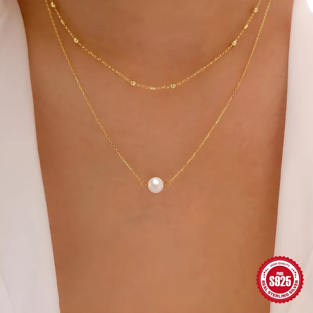S925 sterling silver double layer women's necklace with geometric pearl pendant in gold or white gold.