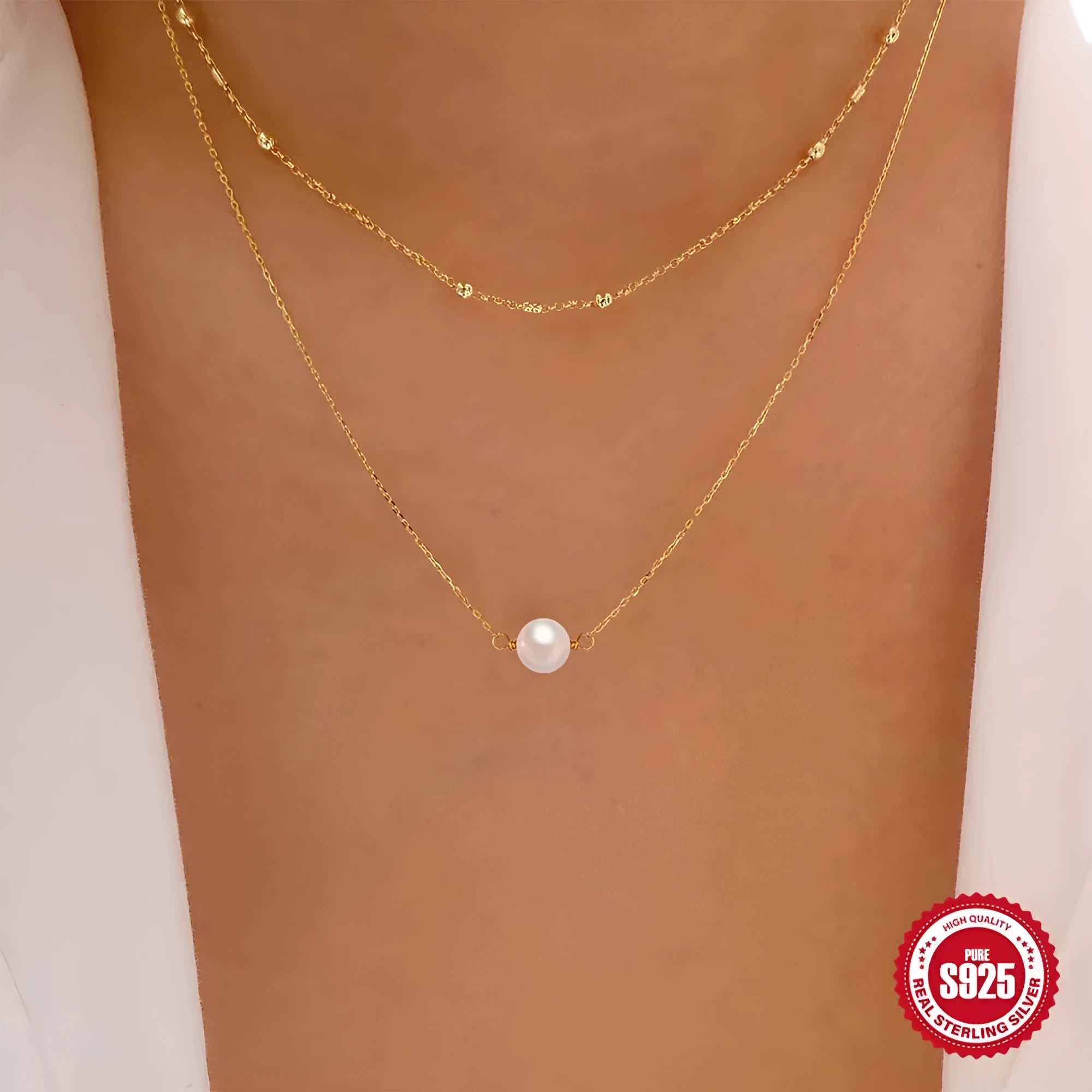 S925 sterling silver double layer women's necklace with geometric pearl pendant in gold or white gold.