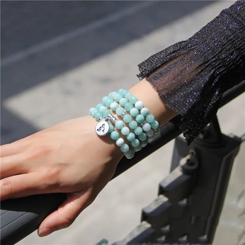 Natural stone women's bracelet with geometric lotus design shown in one of eight available colours