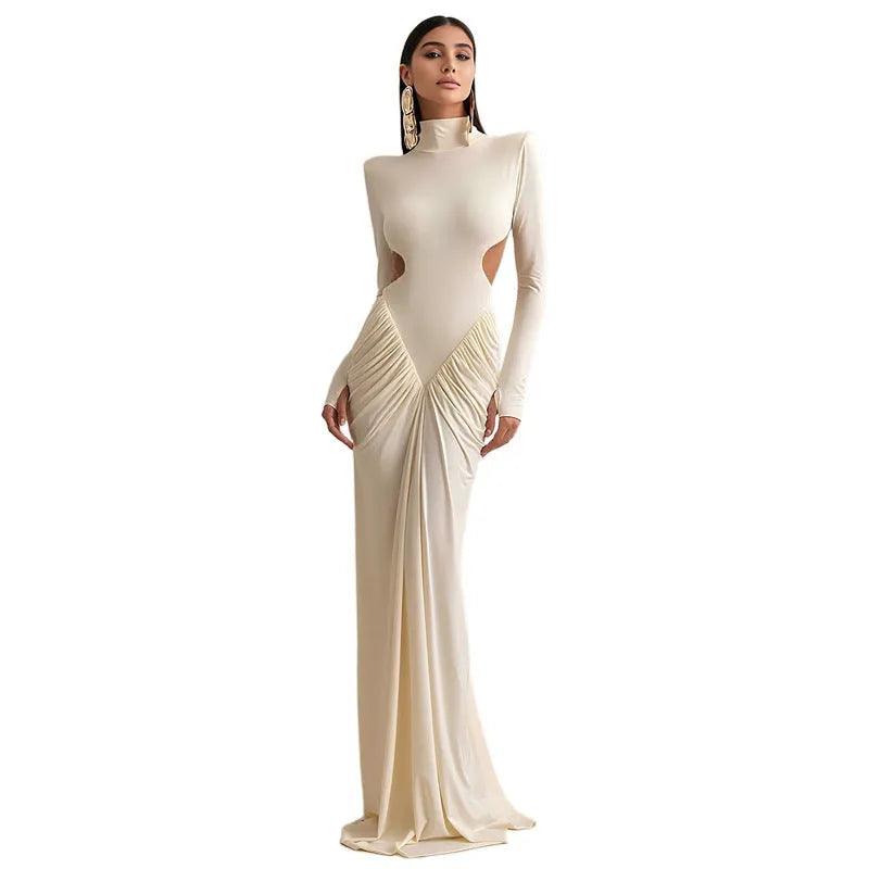 Long sleeve high collar women's dress with a pleated backless detail in a slim fit.