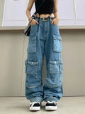 Women's high waist wide leg denim trousers with multiple pockets and tie-dye pattern in street hipster style