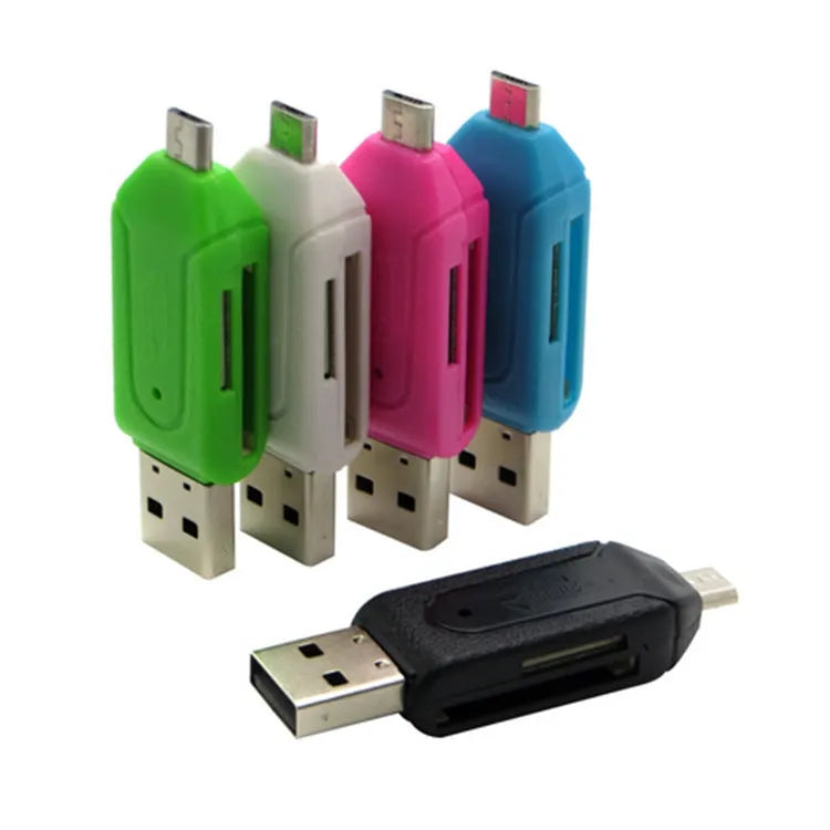 White OTG card reader with Micro USB connector for Android phones and computers, reading SD and TF memory cards.