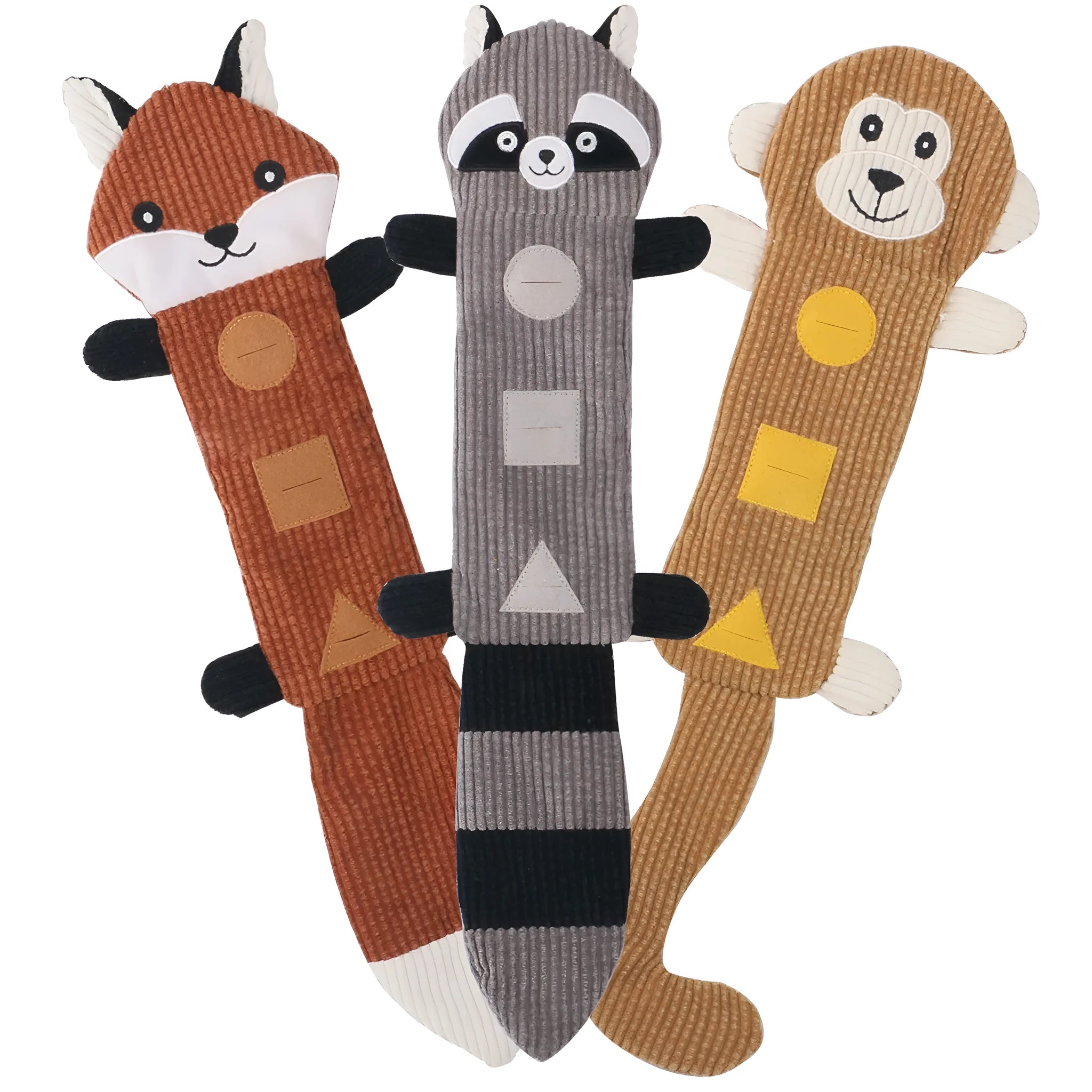 Plush animal-shaped dog toy, Fox design, 47cm long with squeaker and treat-dispensing pockets