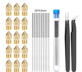 Brass MK8 3D printer nozzle and stainless steel cleaning pin kit on a white background.
