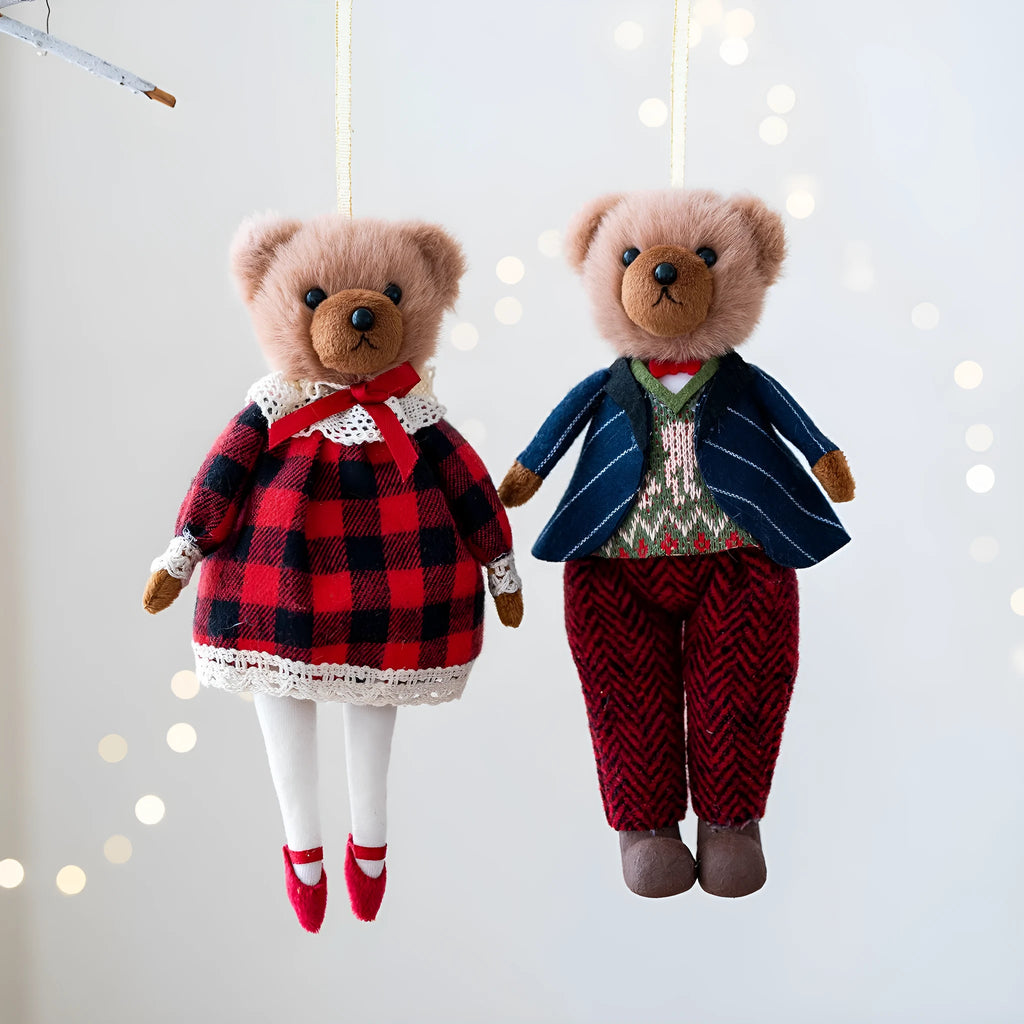 A soft cloth plush bear doll showing two colour options: a princess bear and a gentleman bear with a plaid suit.