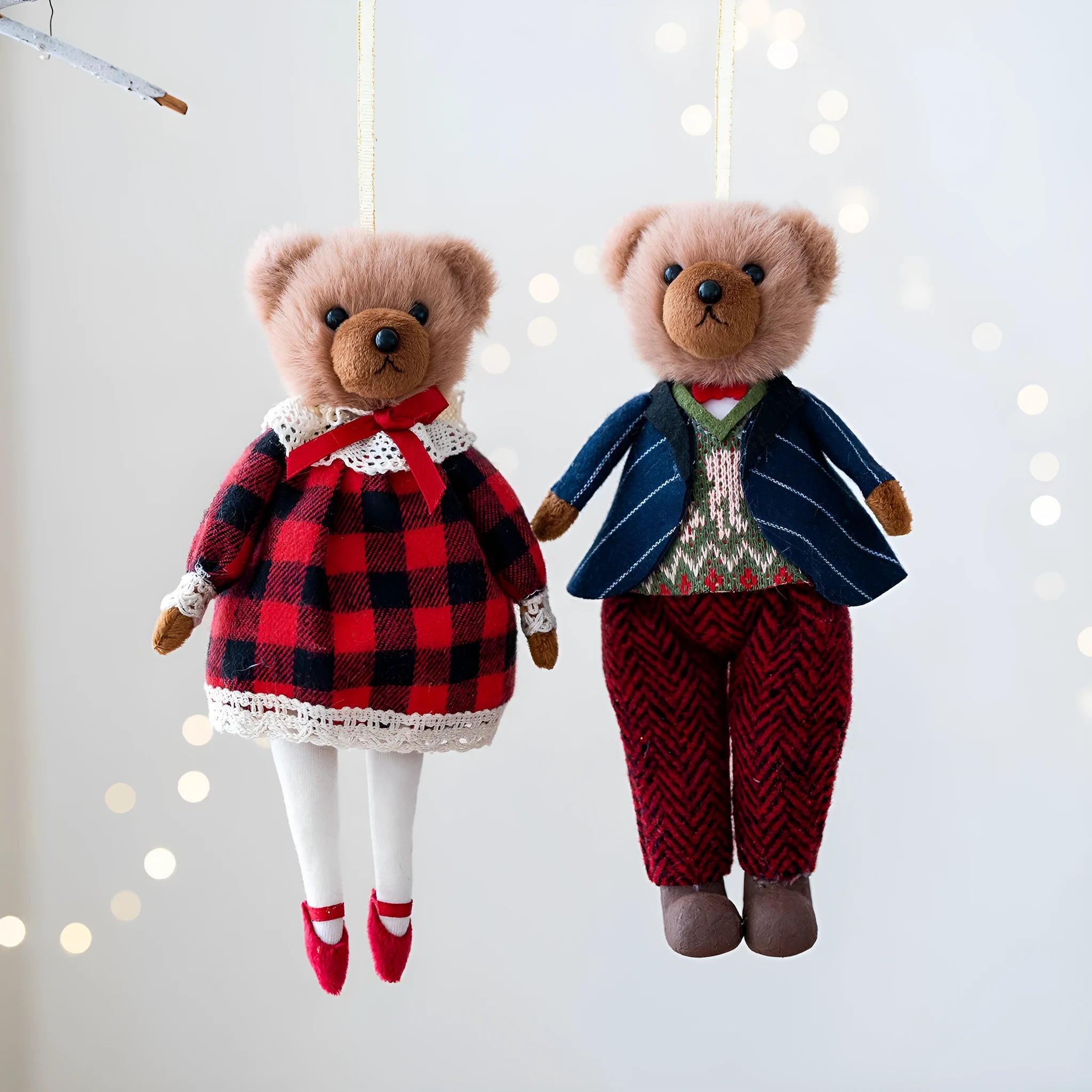 A soft cloth plush bear doll showing two colour options: a princess bear and a gentleman bear with a plaid suit.