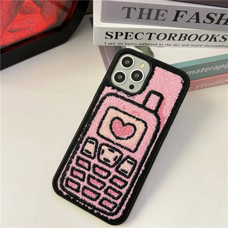 Pink towel embroidered TPU back cover case for iPhone models X through 15.