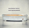Purple sand crackle glaze shallow oval bonsai basin in green colour against natural background
