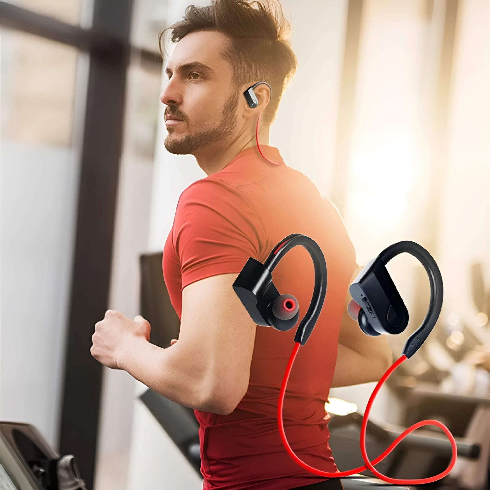Black wireless neckband Bluetooth earphones showing earpieces and control module on the neckband.