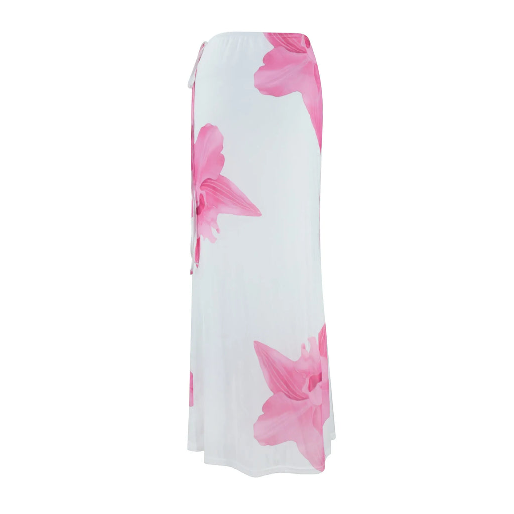 Summer women's double-layer tie-draped long pencil skirt in milk silk fabric, pink colour, front view