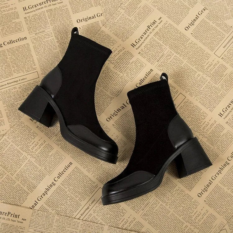 Black thick bottom chunky heel Martin boots for women with rubber sole, side view
