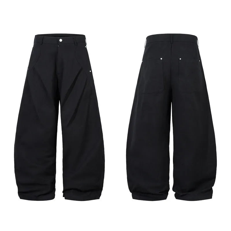 Men's black pleated wide-leg casual trousers made from cotton fabric