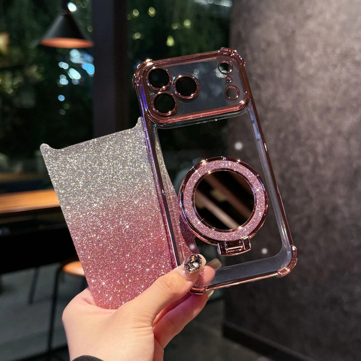 Glitter mirror magnetic bracket TPU phone case for iPhone 17 series in gradient flash mirror colours