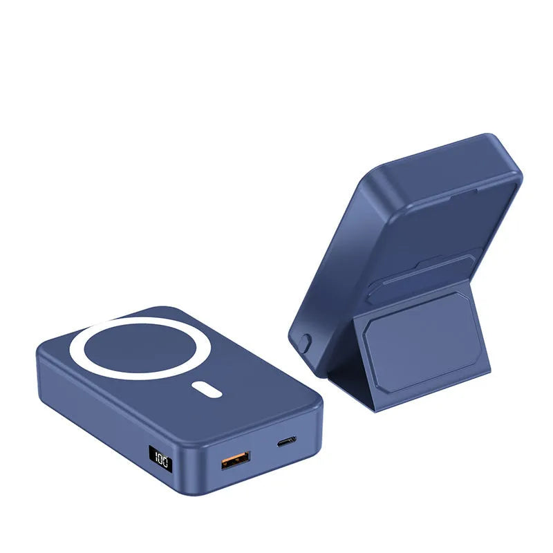 Magnetic wireless charging power bank with folding stand unfolded, shown in navy blue colour.