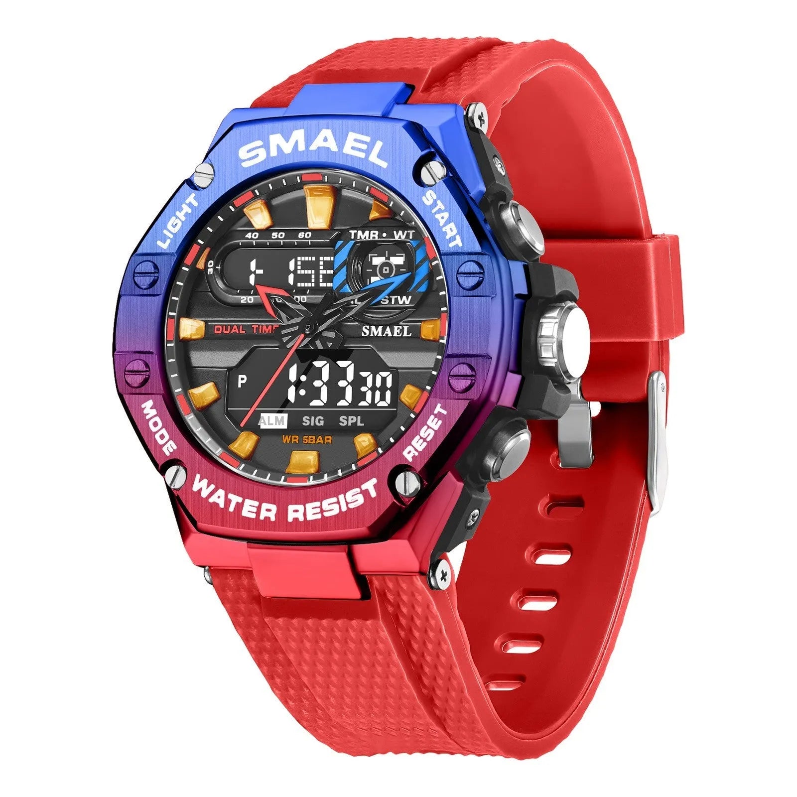 Digital alloy electronic watch for men with 47mm dial, dual movement, and 50m water resistance in Steel Blue