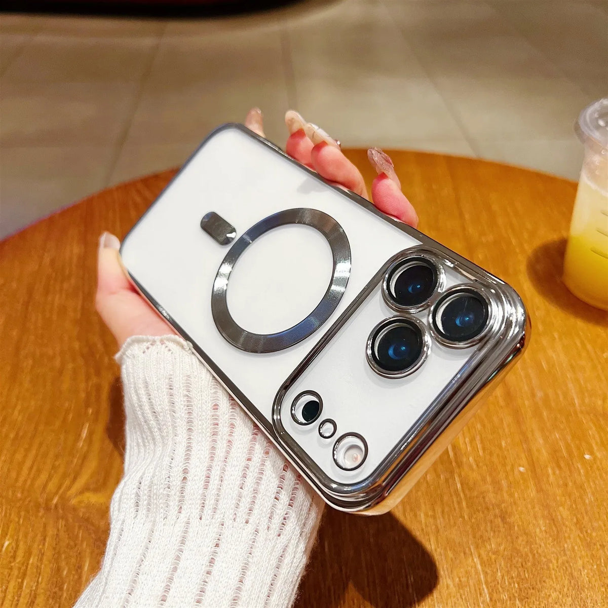 TPU magnetic suction phone case with tail electroplating and transparent lens protector in Black for iPhone 13-17 series