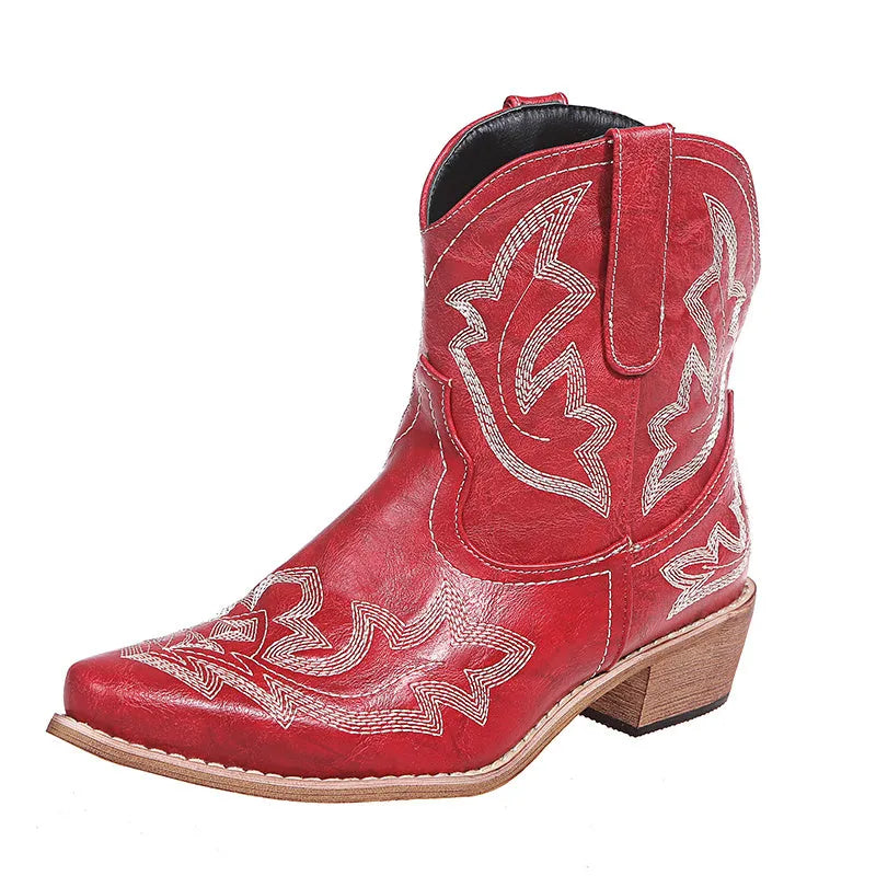 Blue women's cowboy boots with embroidery detail, wedge heel, and pointed toe.
