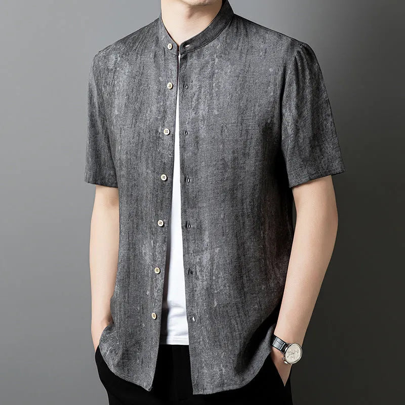 Men's loose fit linen cardigan shirt in grey colour with stand collar