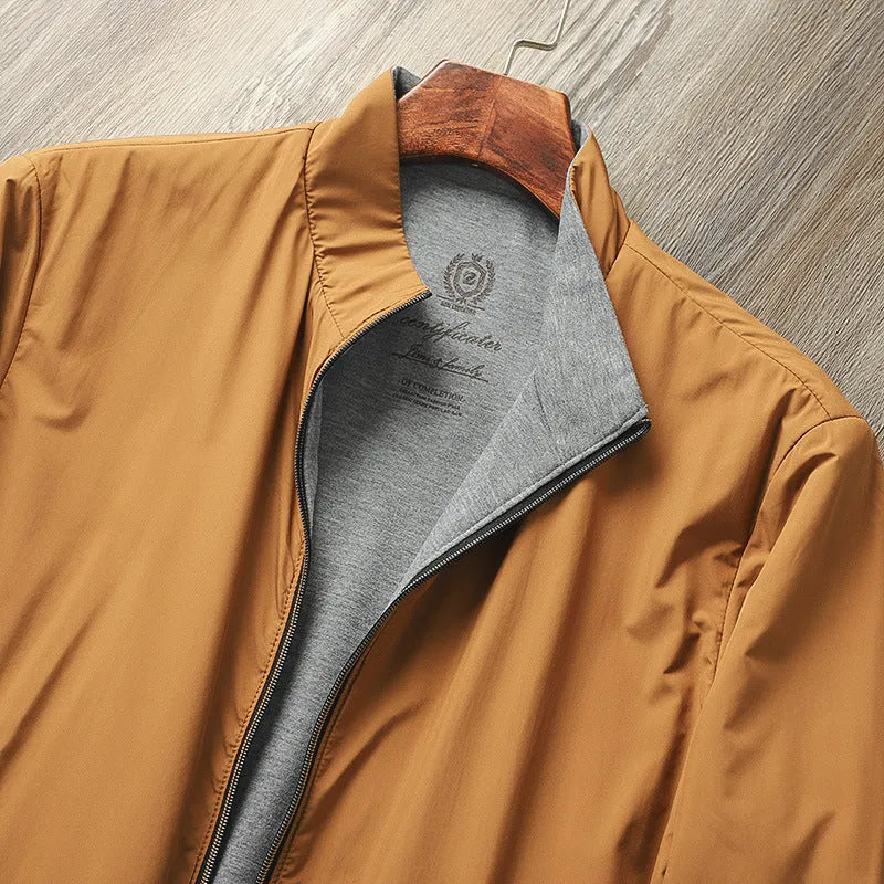 Men's stand collar casual jacket in Army Green colour on a hanger.