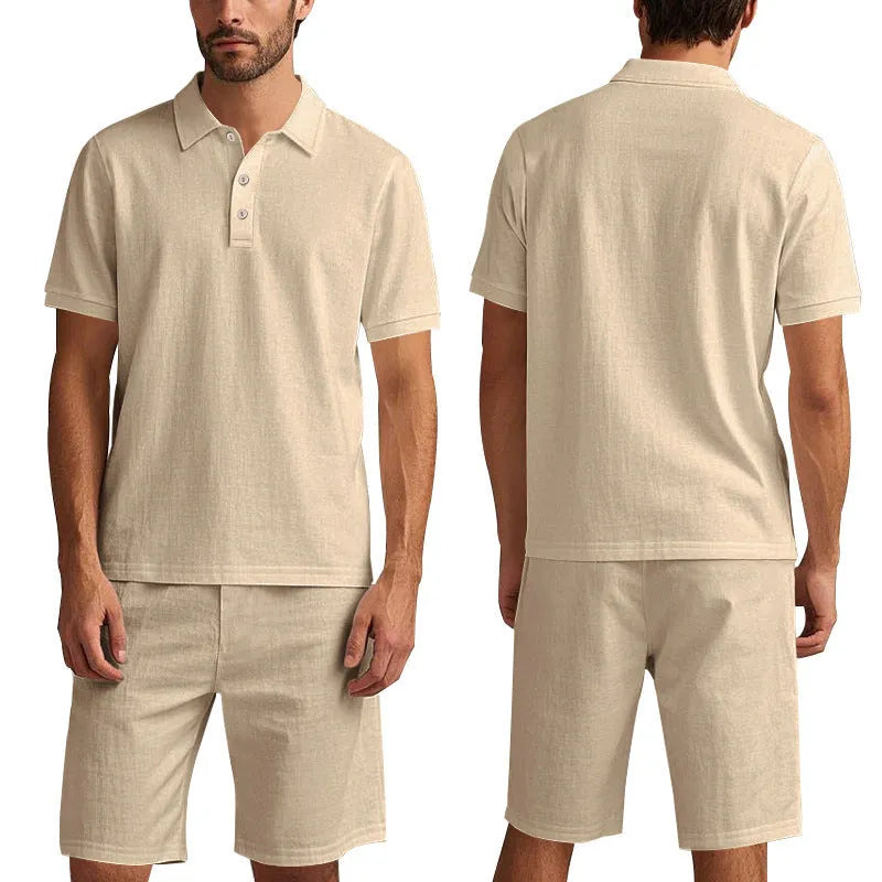 Men's linen beach shorts suit set showing short sleeve shirt and matching shorts in light blue colour