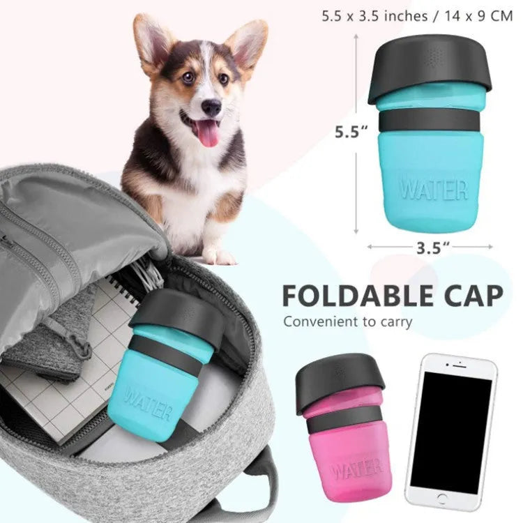 Blue dog travel portable water bottle 520ml pet cup with transparent body on white background