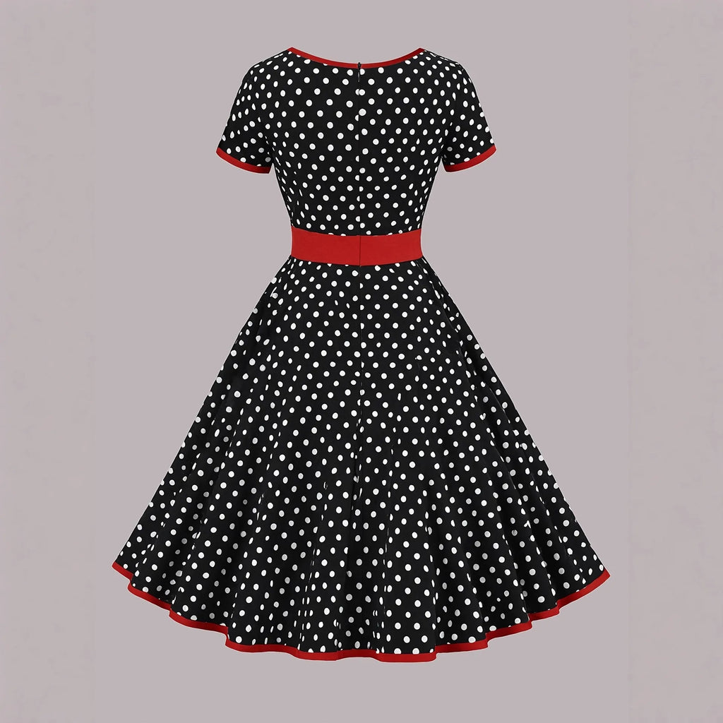 Women's multicolour polka dot dress with square collar and front zipper