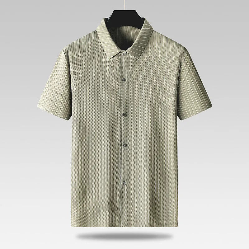 Men's plus size striped ice silk shirt with square collar in loose fit cardigan style