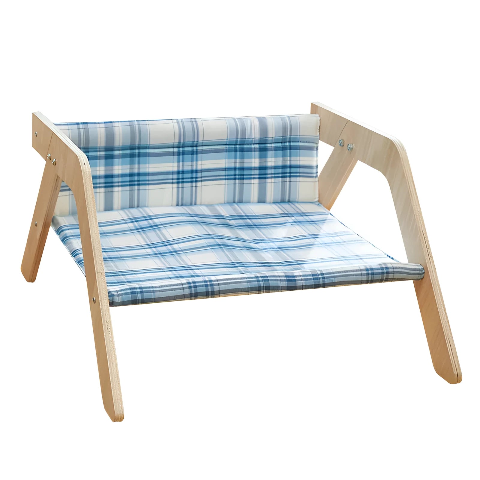 Wooden elevated cat bed with beach chair design and soft cloth hammock in blue colour
