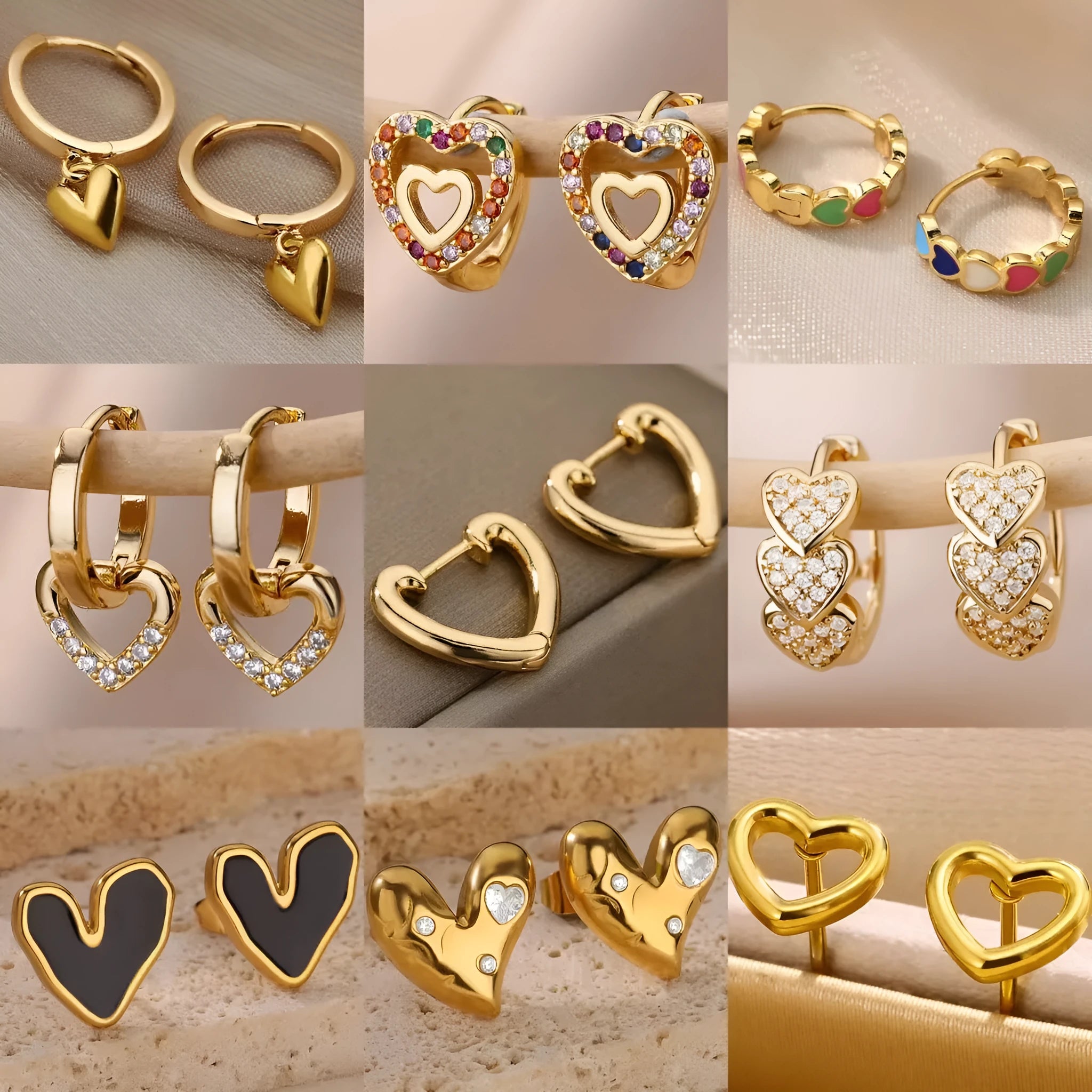Women's heart-shaped zircon clip earrings with stainless steel construction and 18K gold finish