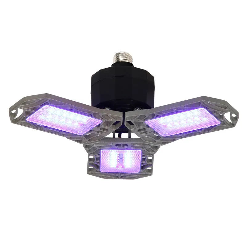 Folding LED garage light with white and purple modes, E27/E26/B22 base, silver grey