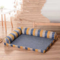 Linen dog sofa bed with removable washable cushion, scratch-resistant cover, fixed round headrest, and foam cushion in blue check style