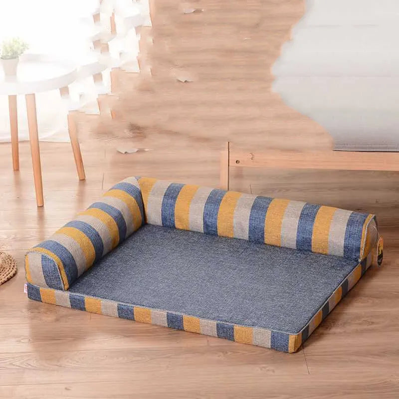 Linen dog sofa bed with removable washable cushion, scratch-resistant cover, fixed round headrest, and foam cushion in blue check style