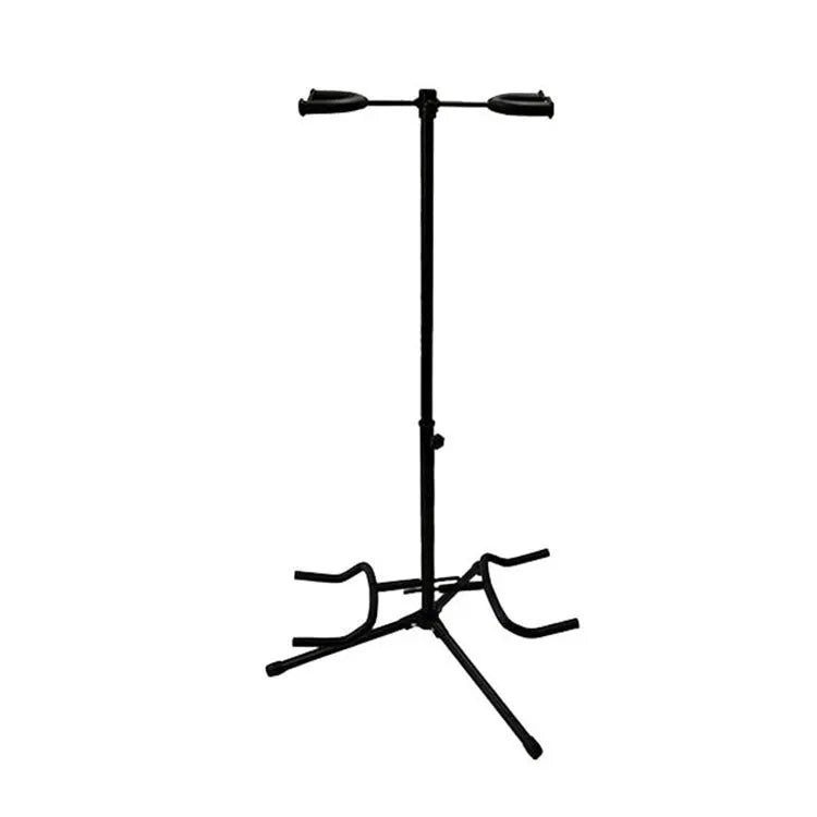 Black iron vertical double-headed adjustable guitar stand holding two guitars.