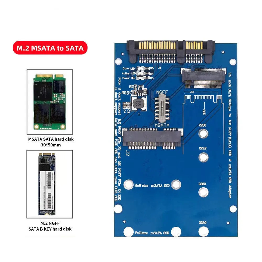 SATA3 to M.2 NGFF MSATA SSD conversion adapter card on a black or blue printed circuit board.