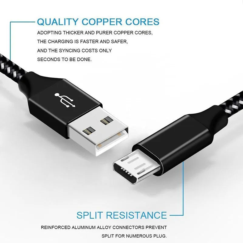 Braided fast-charge Micro USB cable in black and white, shown coiled.