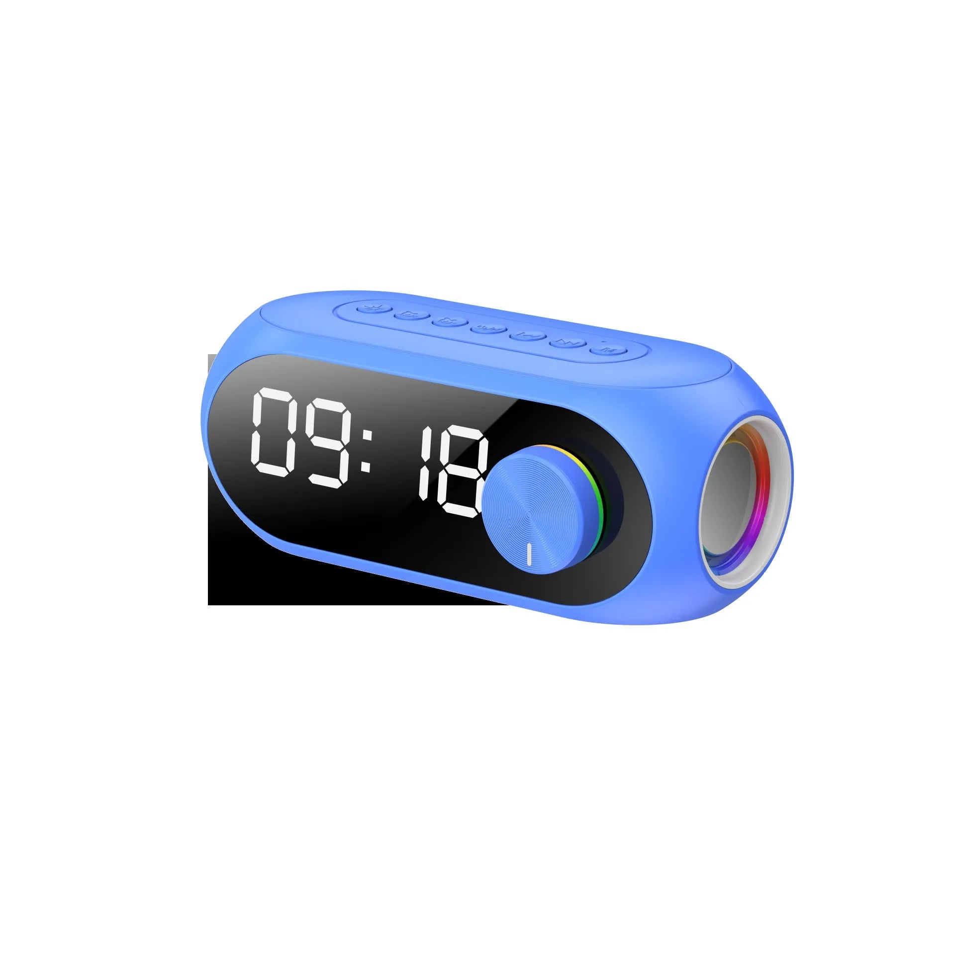 Compact portable Bluetooth speaker in black, white, or blue with USB charging cable.